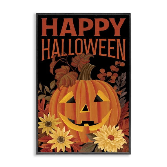 Stupell Industries Traditional Happy Halloween Floral Pumpkin Black Framed Giclee Art, 12 x 18, by Cat Thurman Designs