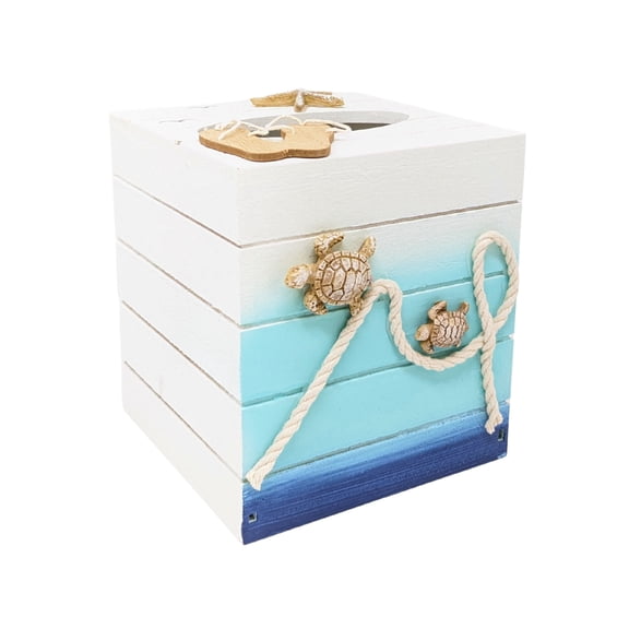 Wooden Coastal Tissue Box Cover – Rustic Beach Décor with Sea Turtles, Starfish, Flip Flops, Nautical Rope – Ocean-Inspired Accent for Bathroom, Vanity, or Bedroom – Perfect Gift for Coastal Lovers