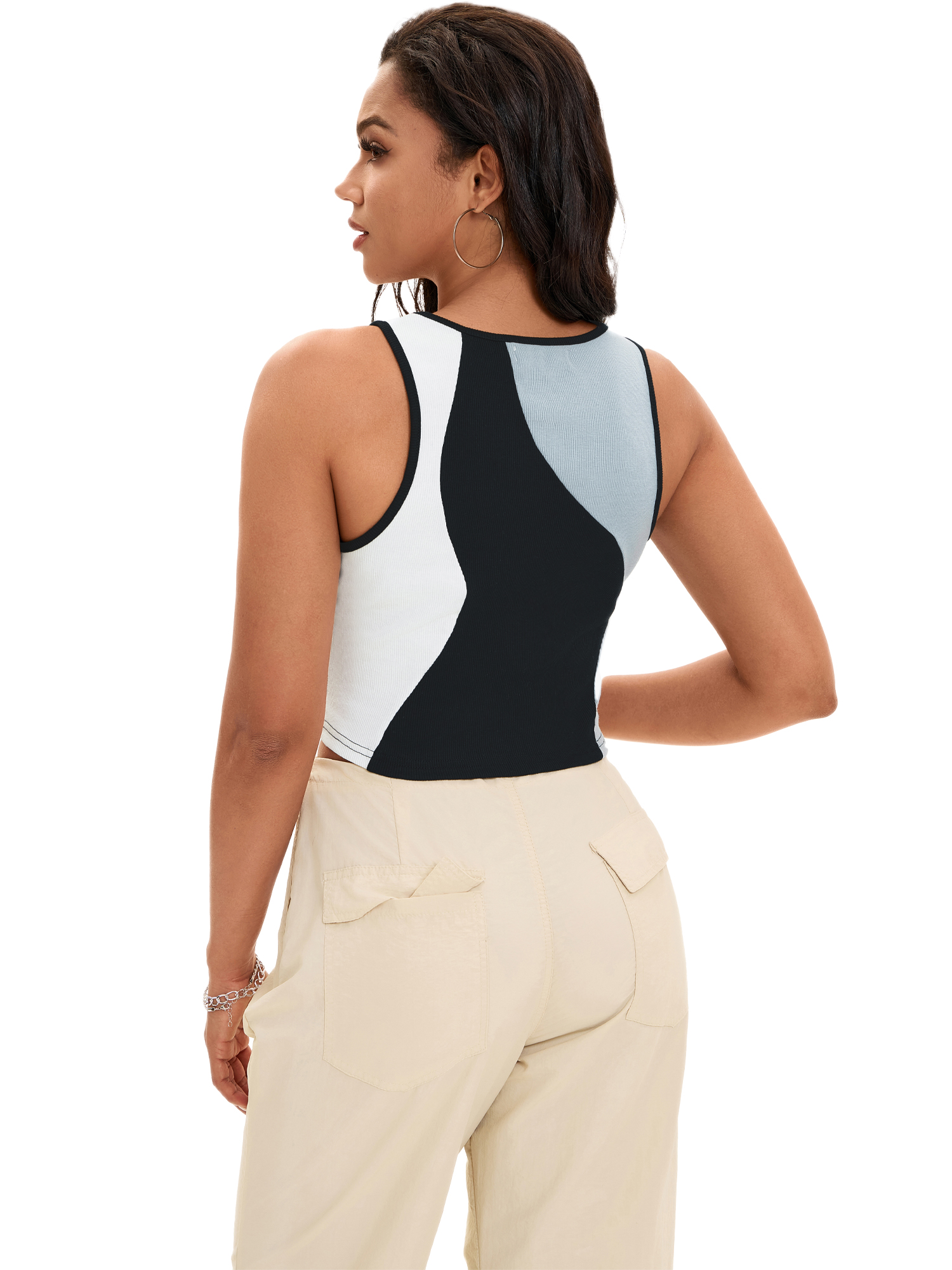 DARING DIVA Women's Color Block Ribbed Sleeveless Crop Tank Tops L Black Gray
