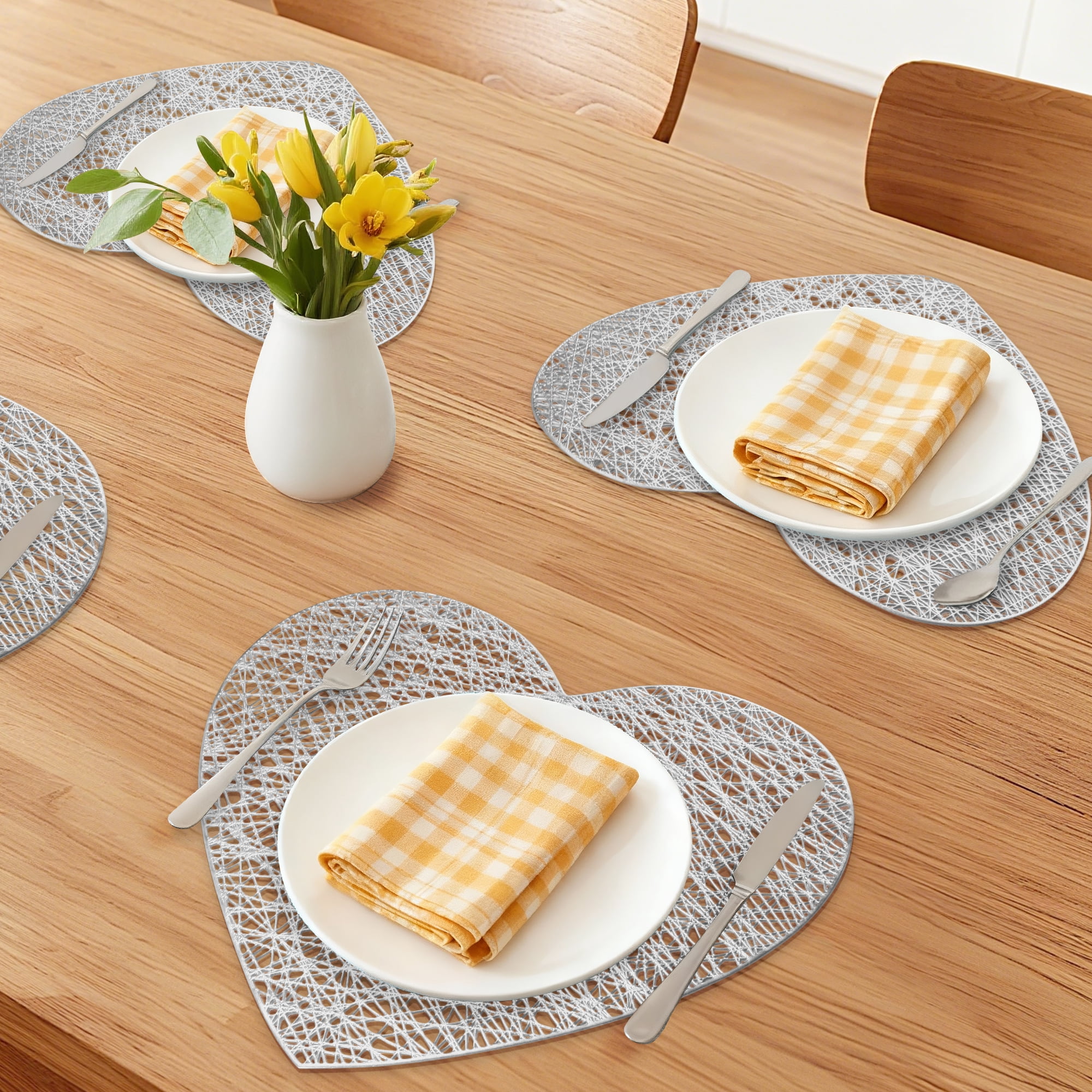 Unique Bargains Heart Shape Placemats Set of 6 for Home Decor Silver