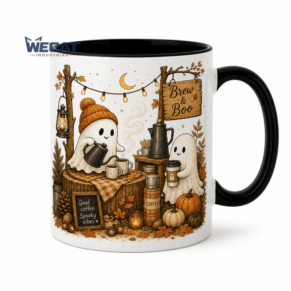 Camping Ghost Mug Cute Fall Campfire Ceramic Coffee Cup for Morning Coffee Halloween Camper Gift