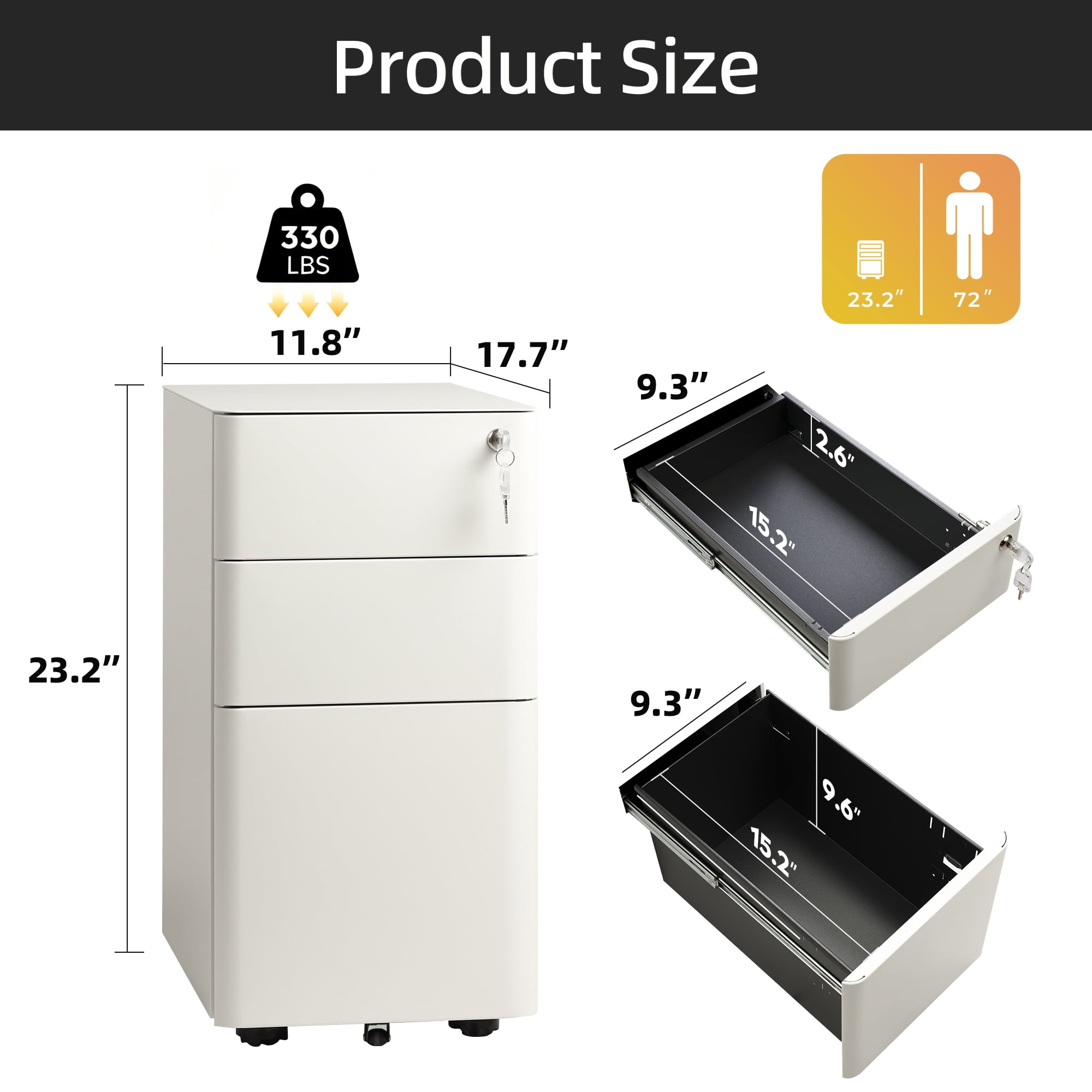 GALAXHERO 3 Drawer Metal File Cabinet with Lock, Vertical Rolling Filing Cabinet for Home Office, Fits A4/Letter/Legal, White