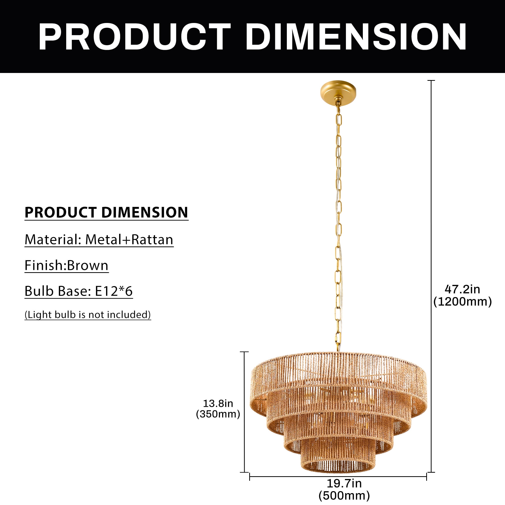 YANSUN 19.7 in 6-Light Boho Rattan Lighting Chandelier, Hand-Woven 4-Tier Natural Pendant for Living Room Dining Room Kitchen Bedroom