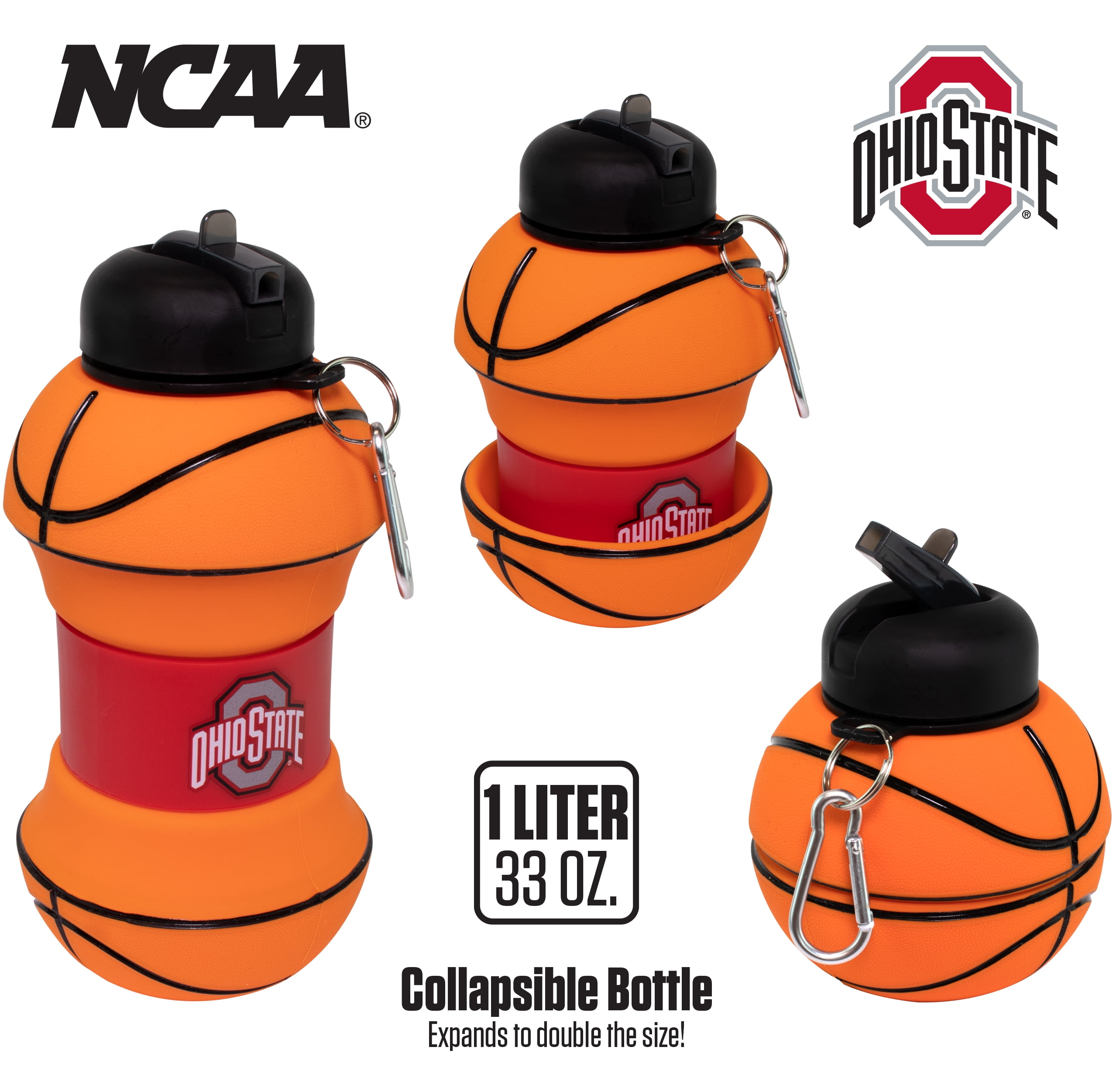 MACCABI ART Ohio State Clip-On Collapsible 1 Liter, 34 oz. size BPA-Free Silicone Basketball Large Water Bottle for Kids