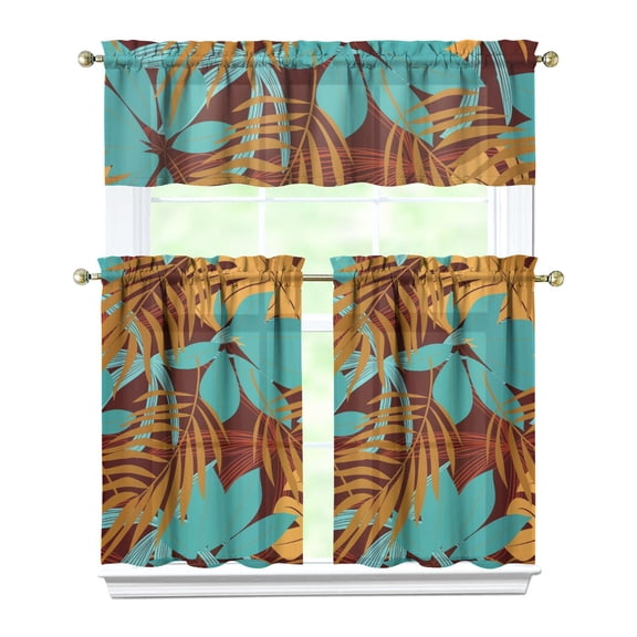 Kitchen Curtains 36 Inch Short - 3 Panel Set, Rod Pocket Window Curtain with Tropical Leaf Botanical Print, 100% Polyester for Farmhouse, Cafe, Kitchen, Bedroom, Easy Wash