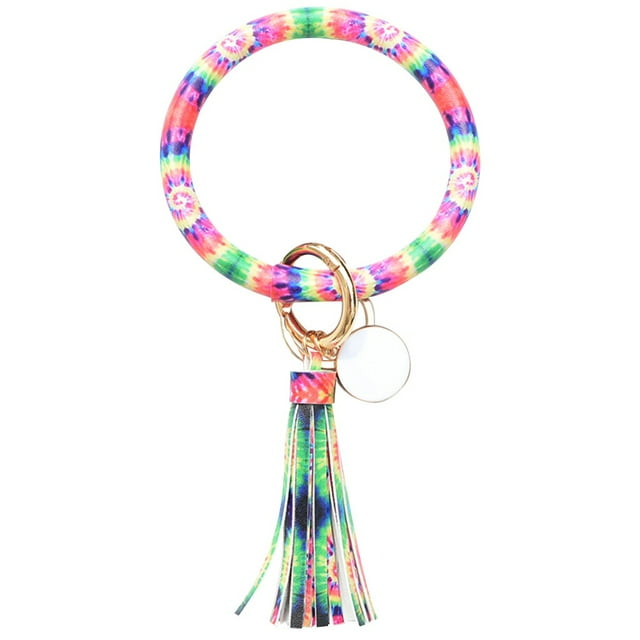 Fashion Trend Large Leather Bracelet Tassel Round Keychain Ring Jewelry Wristban