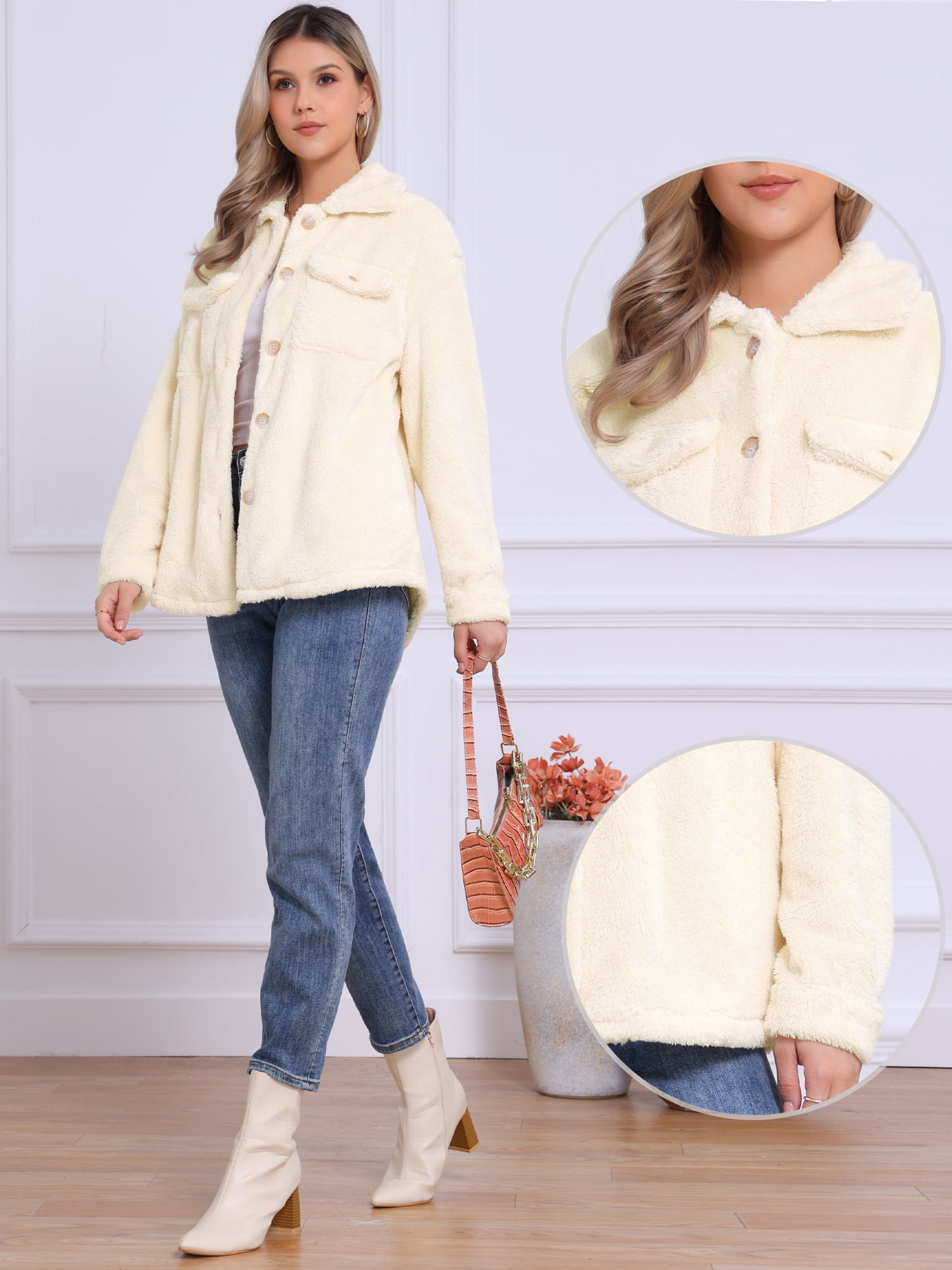 DARING DIVA Women's Fuzzy Teddy Pockets Button Down Faux Fur Coats L Beige