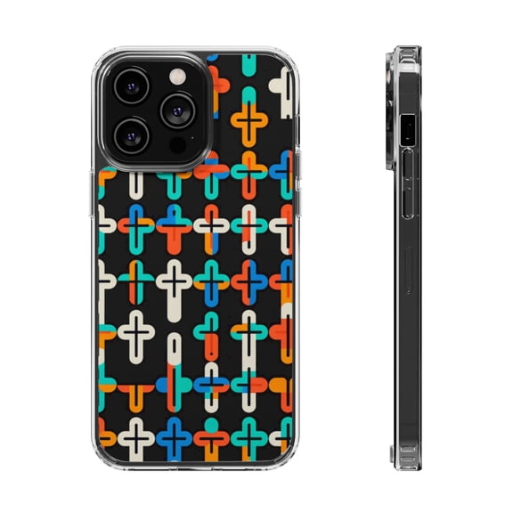 DistinctInk Hybrid (Acrylic / TPU) Clear Slim Fit Case for Apple iPhone 15 Pro MAX (6.7" Screen) - Vibrant Christian Crosses on Bold Background