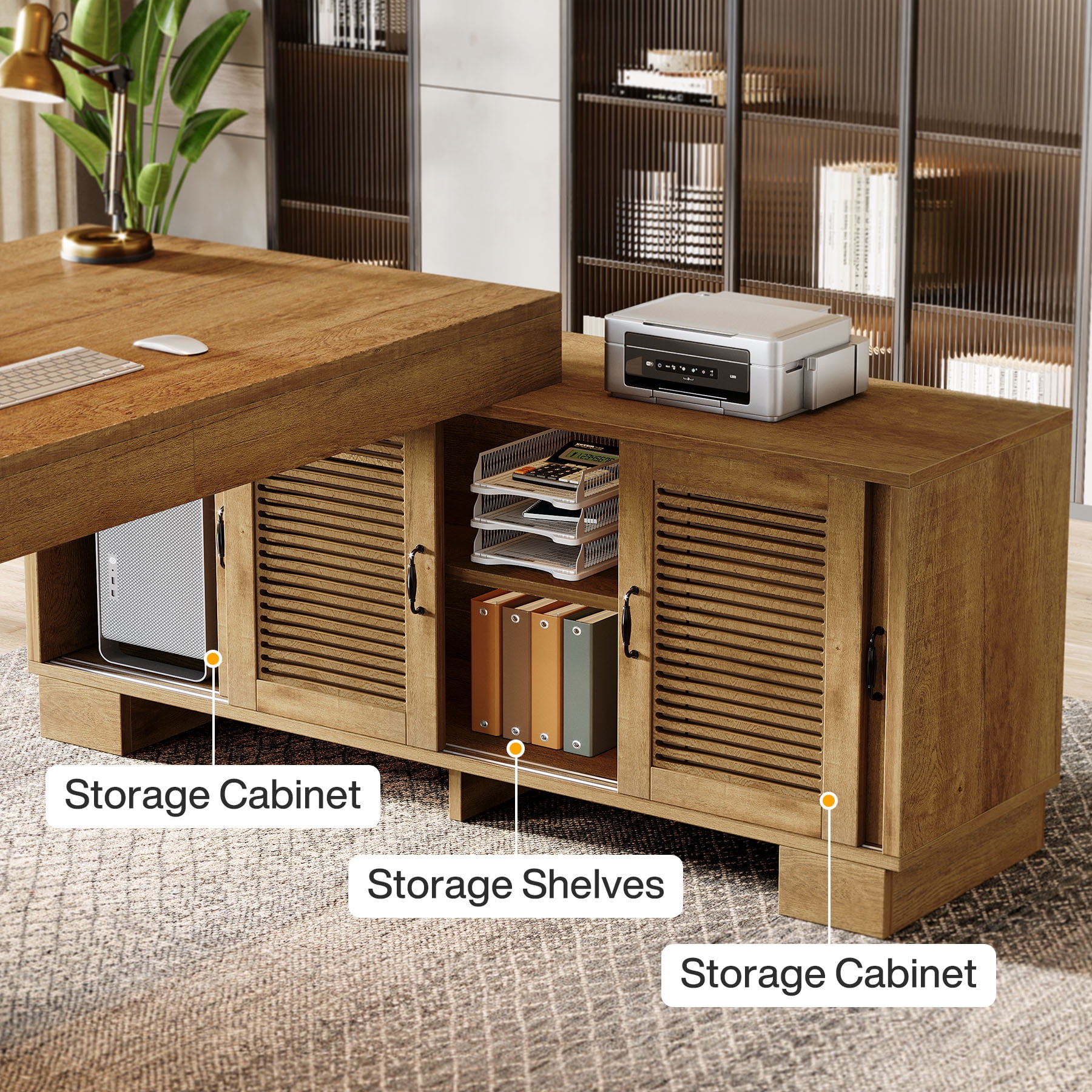Tribesigns 63" L-Shaped Computer Desk with Storage Cabinets and 2-Tier Shelf, Mid-Century Modern Large Executive Table Workstation for Home Office, Brown