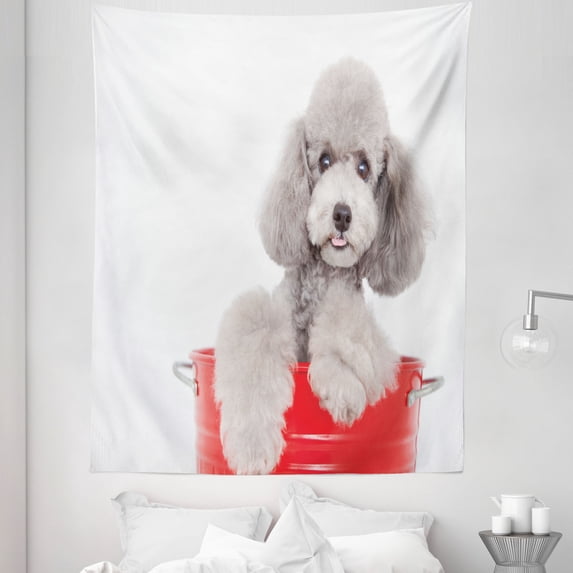 Poodle Tapestry, Pet Animal in a Bucket Posing Puppy Eyes, Fabric Wall Hanging Decor for Bedroom Living Room Dorm, 5 Sizes, Pale Taupe White, by Ambesonne
