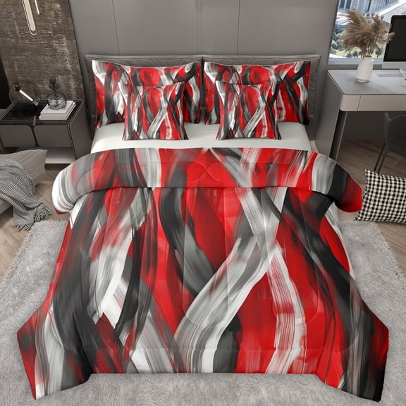 Homewish Red Grey Stripes Lines Twin Bedding Sets 7-Piece for Female Men Adults,Vintage Aesthetic Bedding Comforter Set Microfiber,Geometric Theme Breathable Sheet Sets,Luxury Bedroom Decor