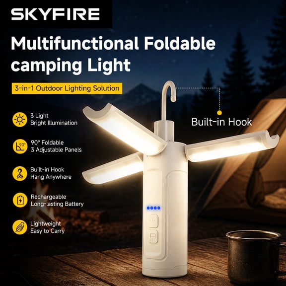 SKYFIRE Foldable 3-Panel Camping Lantern, Rechargeable Portable Tent Light with Hanging Hook, 3 Light Modes White/Warm/Red Emergency Flashlight for Outdoor Camping Hiking Backpacking