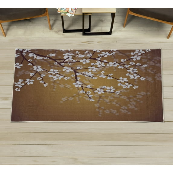 Japanese Decorative Rug, Spring Season Sakura Bloom Design Marine Toned Ombre Color Background, Quality Carpet for Bedroom Dorm and Living Room, 6 Sizes, Pale Coffee, by Ambesonne