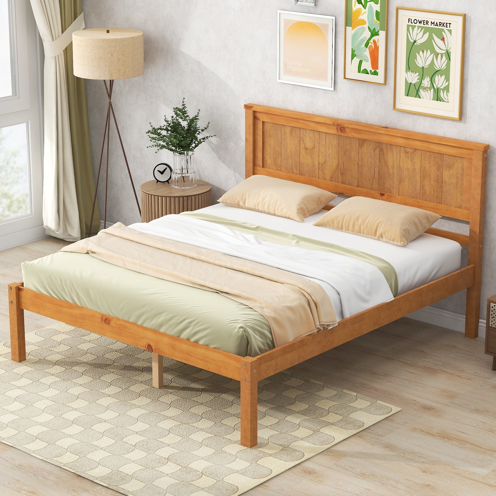 Leumius Full Size Platform Bed Frame with Headboard, Wood Slat Support, No Box Spring Needed for Bedroom Guest Room Oak