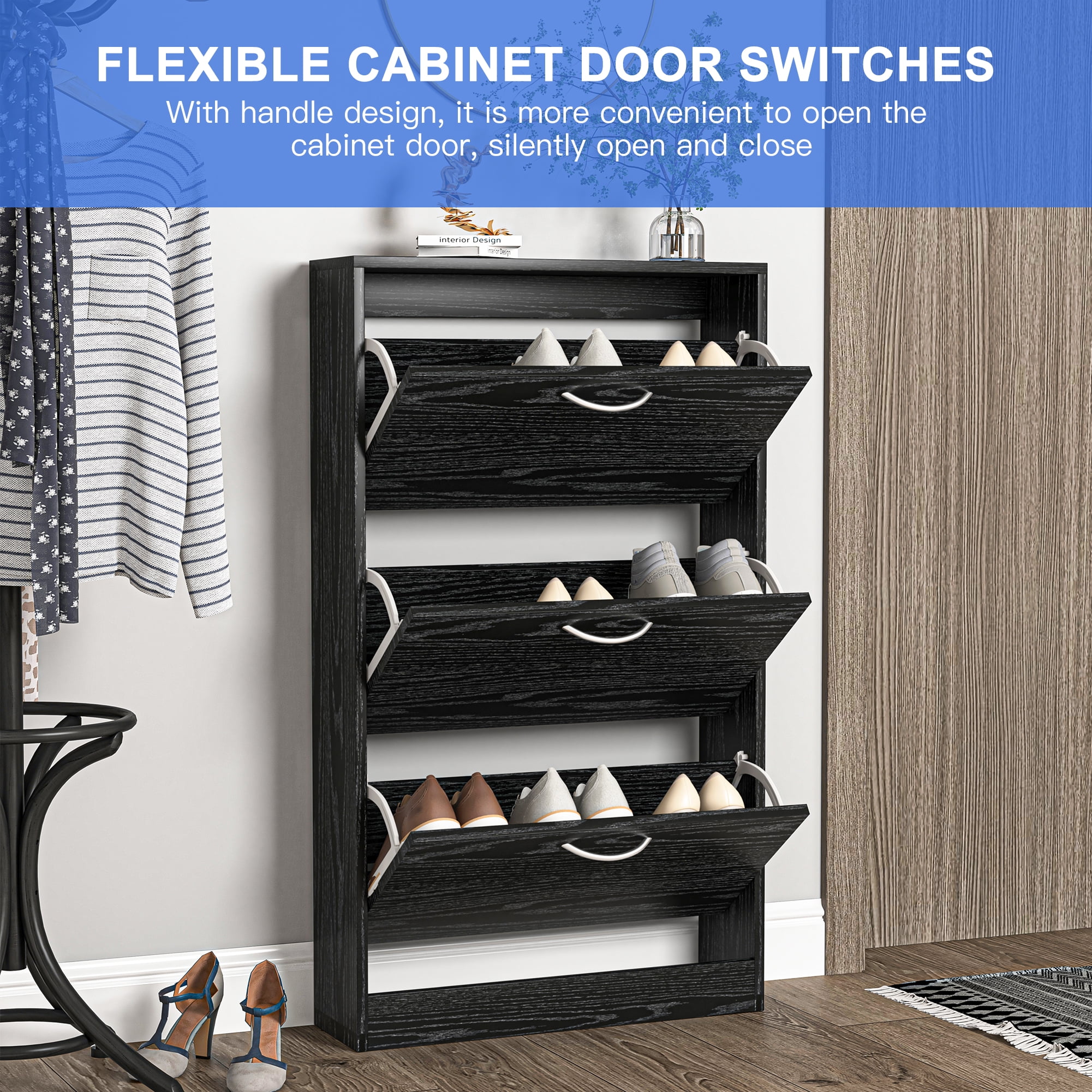 Kadyn Modern Shoe Cabinet, 3-Tier Shoe Storage Cabinet with Flip Doors, Entryway Shoe Organizer Rack for Entryway, Hallway, and Corridor, Black