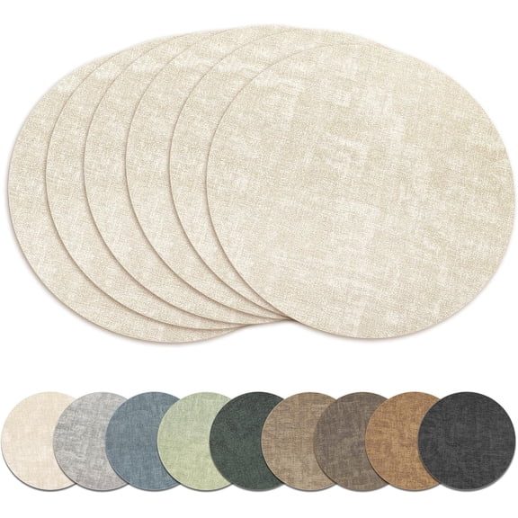 Beige Round Vinyl Placemats Set of 6, 13 Inch Reversible Faux Leather Look Table Mats for Kitchen Dining Table, Indoor Outdoor Decor