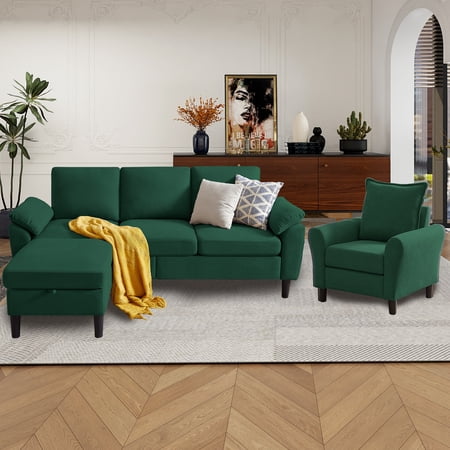 79" Convertible Sectional Sofa Set, Small L Shaped 3-Seat Couch with Reversible Chaise and Accent Chair, Modern Linen Sofas Couches for Living Room, Black