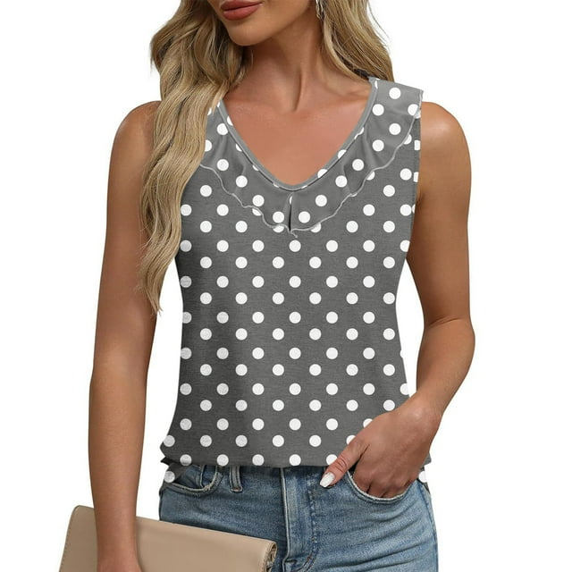 Karight Tank Tops for Women Polka Dot Ruffle Shirts Sleeveless Round Neck Tank Top Casual Summer Blouses Vest