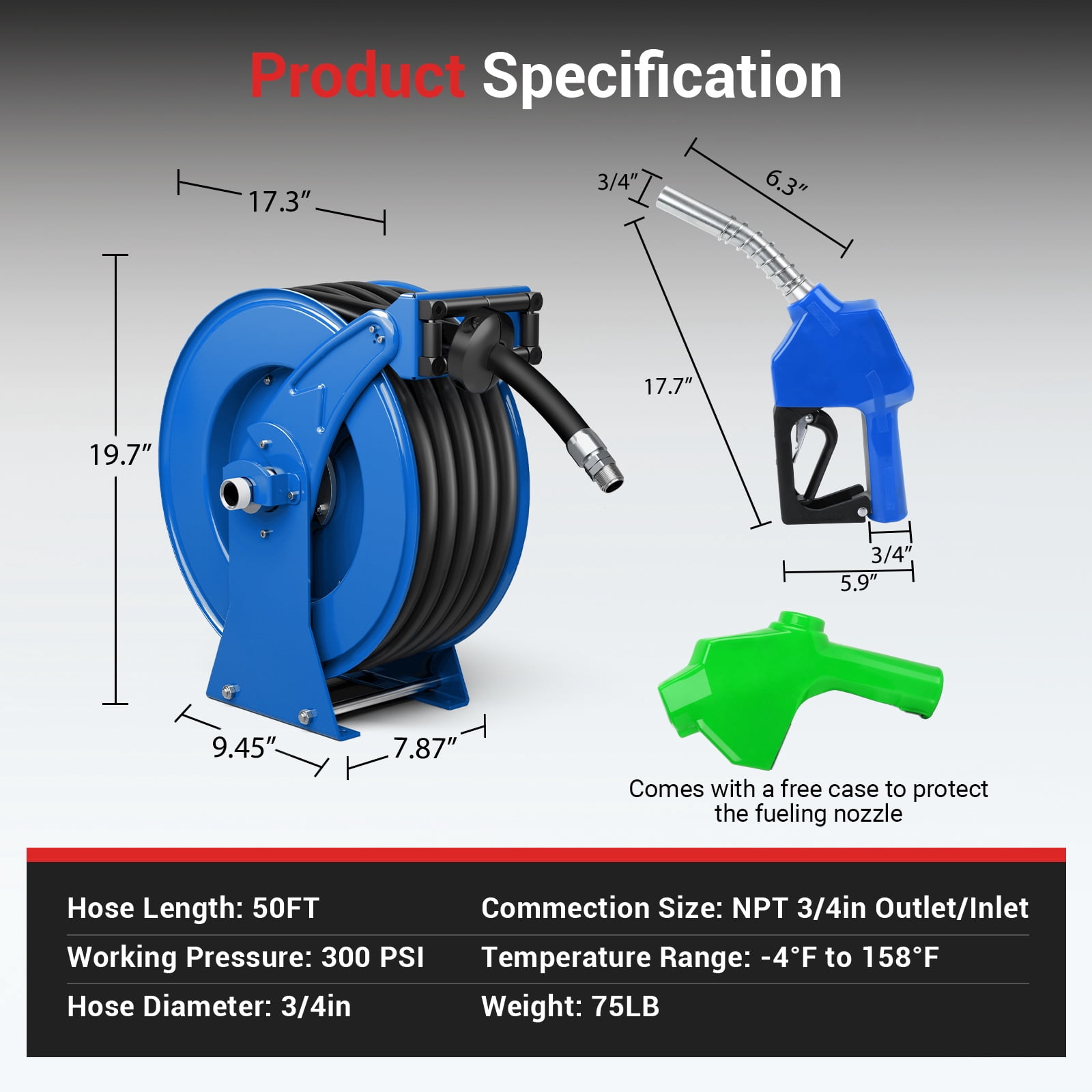 Fuel Hose Reel 3/4" x 50' Retractable with Fueling Nozzle Diesel Hose Reel 300 PSI Industrial Auto Swivel Heavy Duty Steel Construction for Farm Ship Vehicle Tank, Blue