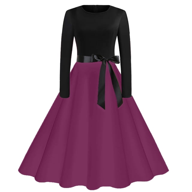 Lenpel Robes Vintage pour Femmes à Manches Longues, Col Ras du Cou, à Blocs de Couleur, Fluides, Ligne A, Robes Formelles, Robes de Cocktail pour Fête (Rose, Petit)