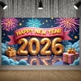 thumbnail image 5 of Pink Ribbon Happy New Year Banner Golden Stars New Year Banner Fireworks Design Gift Box Decor Celebration Banner for New Year Party Holiday Celebration Indoor Decoration, 5 of 9