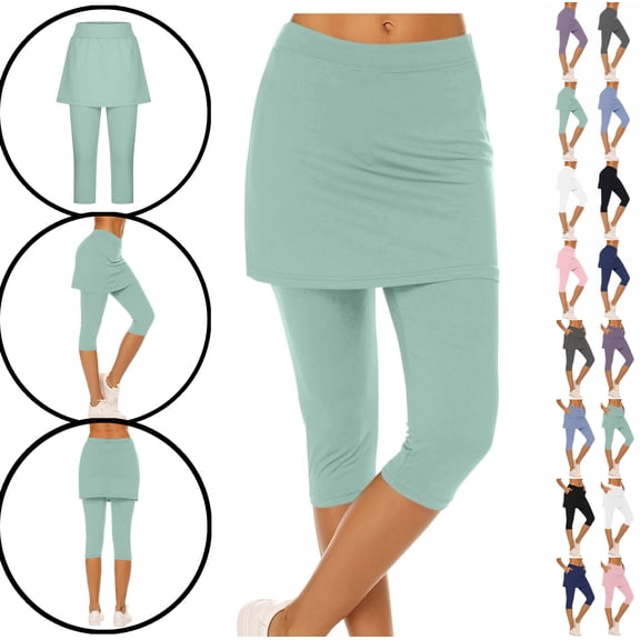 LEKWK Skorts for Women with Pockets Pull on High Waisted Tummy Control Skirted Leggings Stretchy Fitted Capri Length Athletic Skirt Tennis Workout Summer Bottoms Green XL
