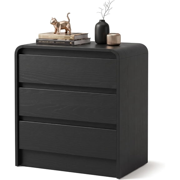 3 Drawer Nightstand with Open Shelf Modern Curved Bedside Table with Rounded Edges and Storage Black