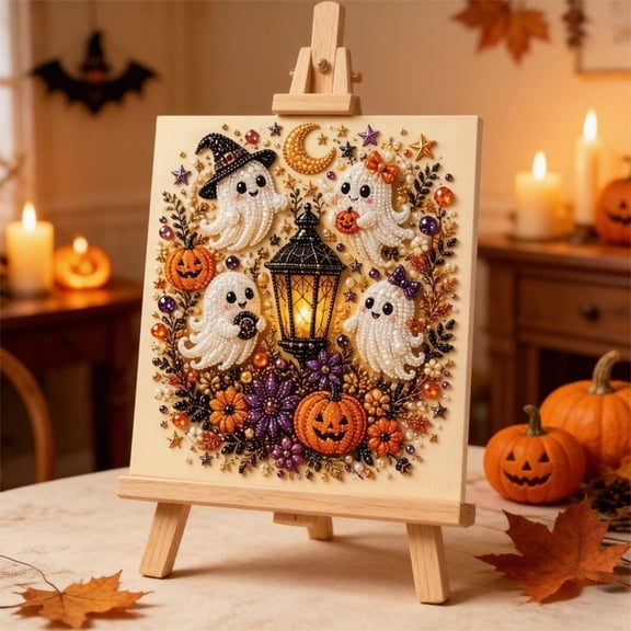 Fall Halloween Ghost Pearl Art DIY Kit, Premium Crystal Pearl Rhinestone Canvas Painting with Pumpkin Flowers, DIY Craft Bedroom Living Room Wall Ornament,Style A
