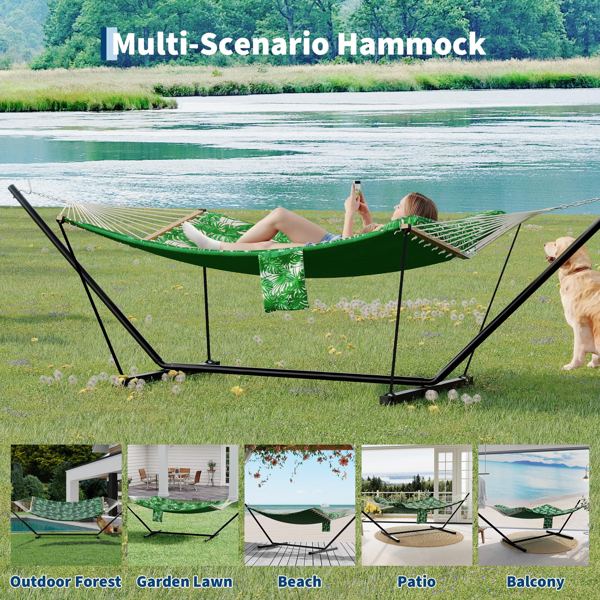 Kicctian 2 Person Hammock with Stand, Portable Double Hammock with 450 lbs Capacity, Balance Rope Included, for Patio, Backyard, Garden or Beach,Green