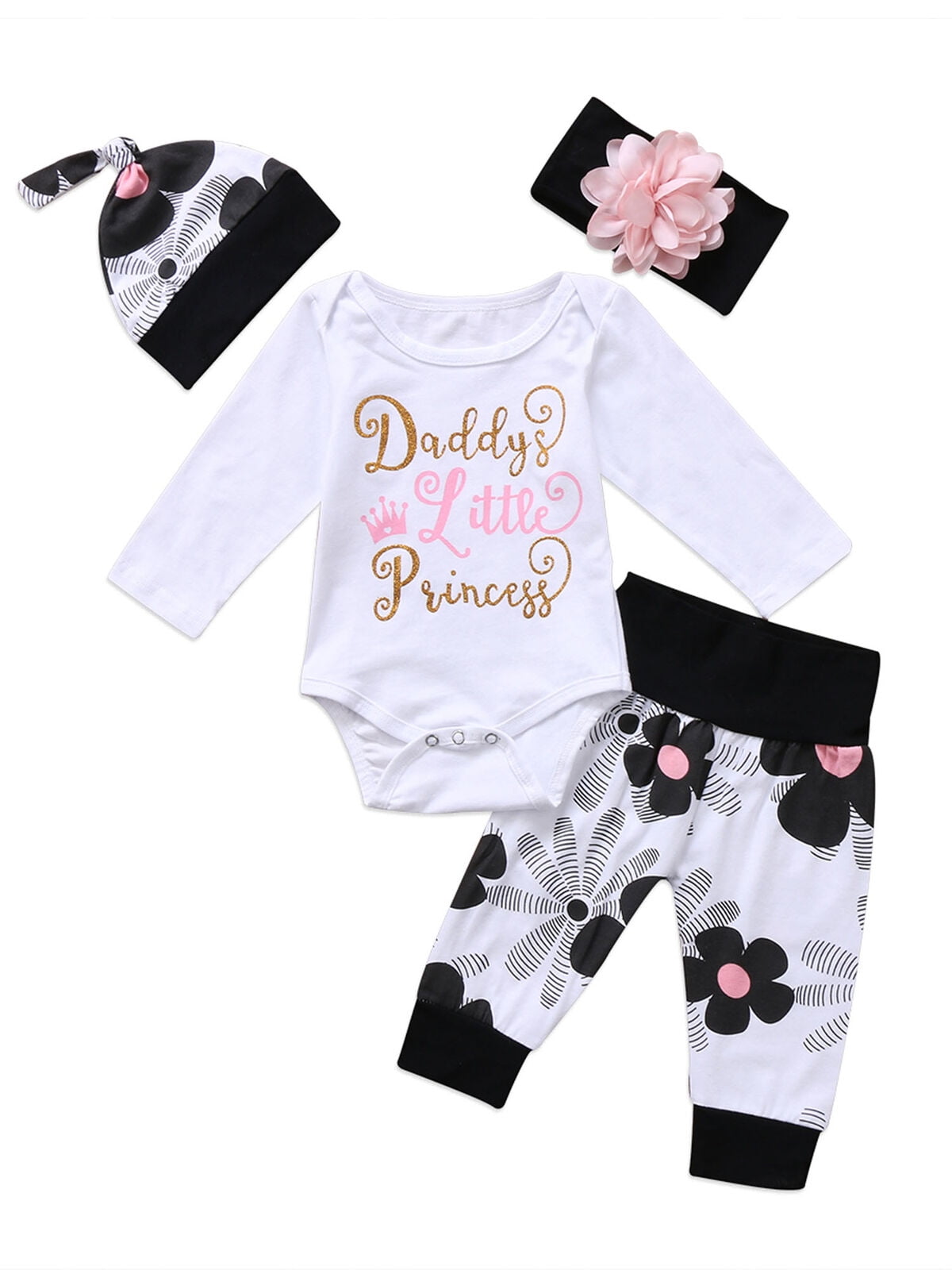 4pcs Newborn Toddler Baby Girl Floral Clothes Jumpsuit Romper Bodysuit