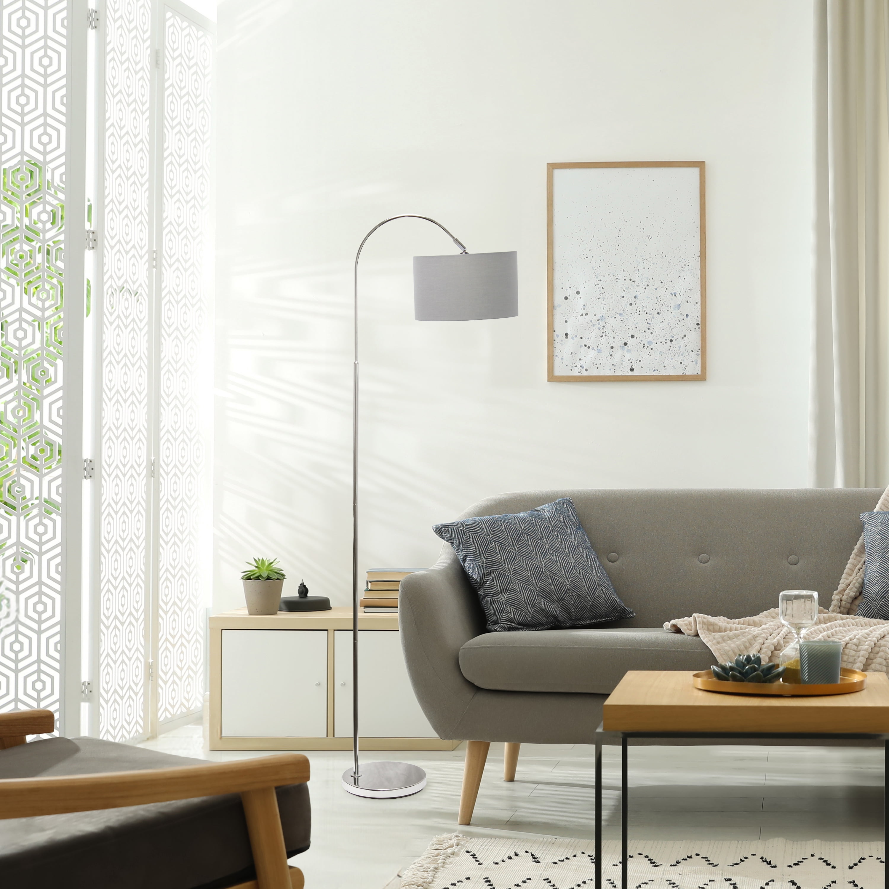 Creekwood Home 66" Modern Arched Brushed Nickel Floor Lamp, Gray Shade