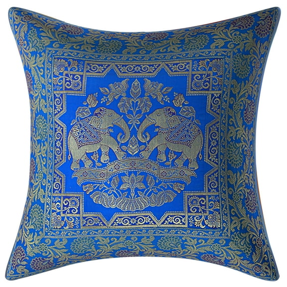 Stylo Culture Indian Decorative Sofa Brocade Turquoise And Gold Throw Pillow Covers 16x16 Jacquard Weave Banarasi Couch Pillow Covers Elephant Floral 40x40 cm Cushion Covers (1 Pc)