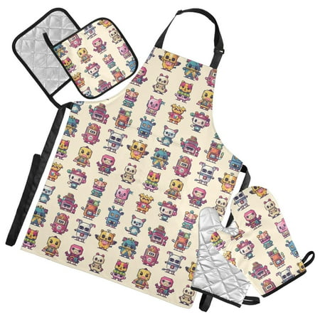 

5 Pcs Kitchen Set Heat Resistant Oven Mitts and Non-Slip Pot Holders with Adjustable Cooking Apron Characters Pixel Style