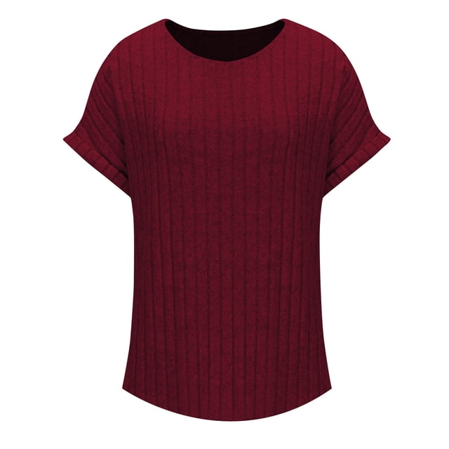 VSSSJ Womens Plus Size Ribbed Texture Tops Short Sleeve Round Neck Relaxed Fit Summer Breathable Lightweight Tees Top Wine XXXXL