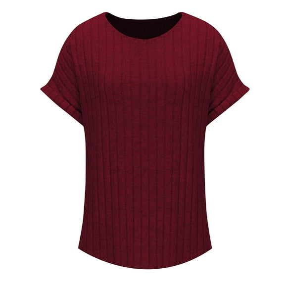 Womens New Plus Size Solid Color Round Neck Striped Knitted Short Sleeved Top