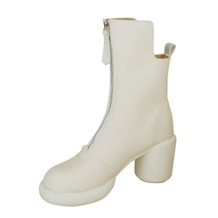 

Mackneog Ladies British Style Solid Color Front Zipper Round Thick High Heeled Short Boots Gift on Clearance