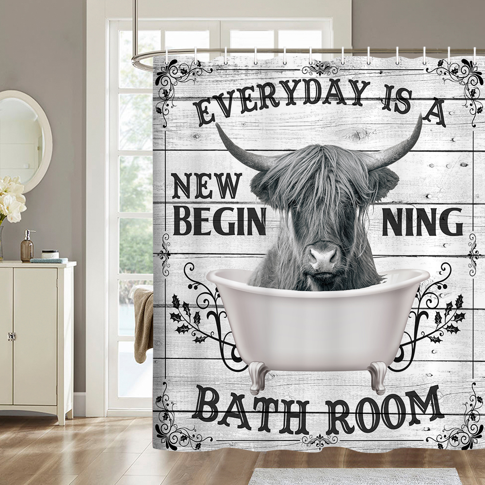 Funny Highland Cow Shower Curtain, Rustic Farmhouse Western Bull Cattle ...