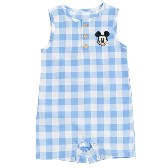 Disney Mickey Mouse Baby Boys' Sleeveless Button-Front Pajama Romper Light Blue Gingham Mickey Mouse