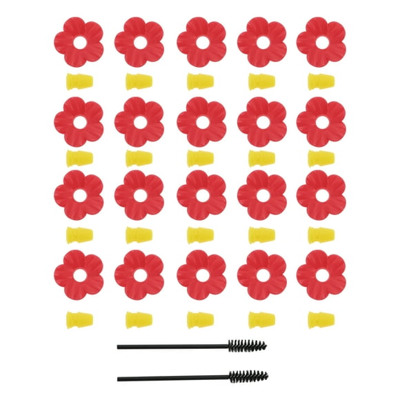 Piezas de alimentador de colibrí Unique Bargains 20 Pcs con 2 cepillos de limpieza, flores de reemplazo para alimentador de colibrí, componentes de plástico para atraer colibríes, color rojo