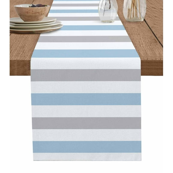 Hokiten Table Runners 48 Inches Long Dress Scarves, Light Blue Grey Stripe Farmhouse Kitchen/Dining Table Runner, Short Coffee Tablerunners, Modern Farmhouse Vertical Striped 13x48 Inch