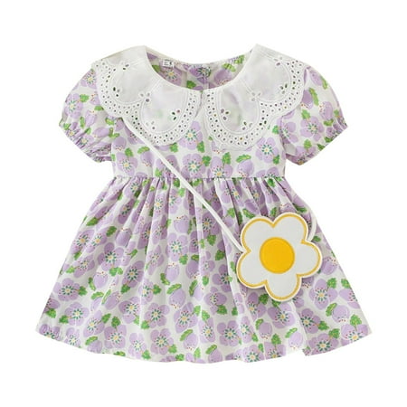 

Kids Girls Dress Short Sleeve Floral Printed Lace Ruffle Trim Princess Dance Party Toddler Cute Cartoon Soft Spring Summer Casual Gifts To Child