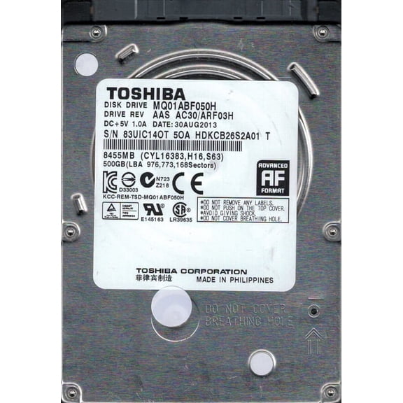 MQ01ABF050H AAS AC30/ARF03H PHILIPPINES Toshiba 500GB