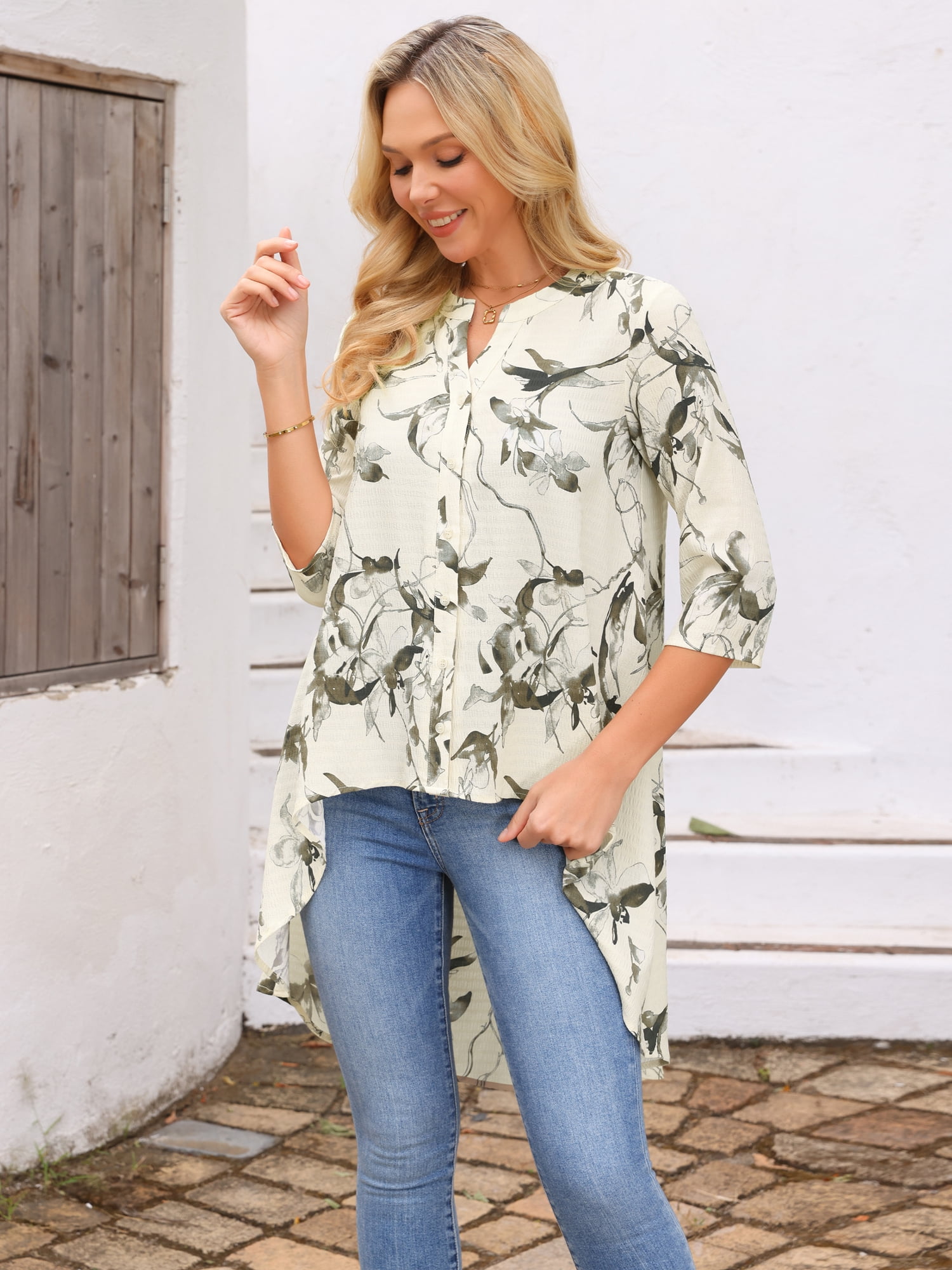DARING DIVA Women's High Low Floral 3/4 Sleeve V Neck Asymmetrical Blouse S Apricot