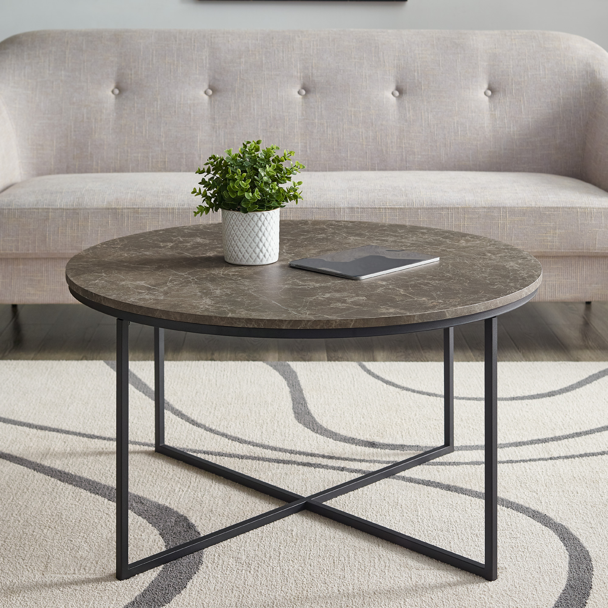 Ember Interiors Modern Round Coffee Table, Brown Faux Marble/Black