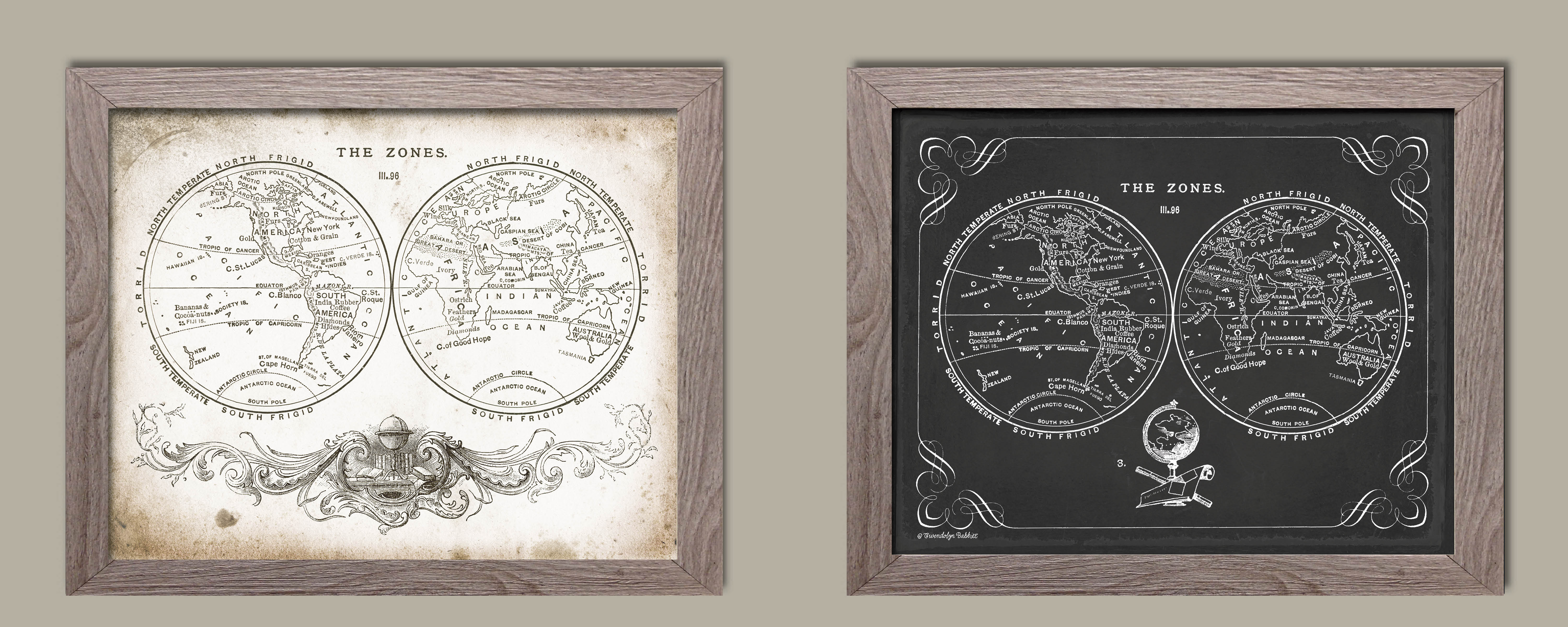 Classic Vintage Ephemera Style World Hempisphere Zone Maps; Two 14x11in