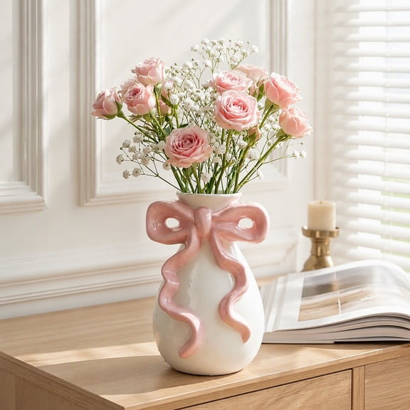 Pink Bow Vase, Cute Flower Vase with Bow,Coquette Ceramic Vase for Flower | Pink White Bow Vase Modern Coquette Room Decor for Home Living Room Bedroom Office Shelf Table Women Girl Gifts