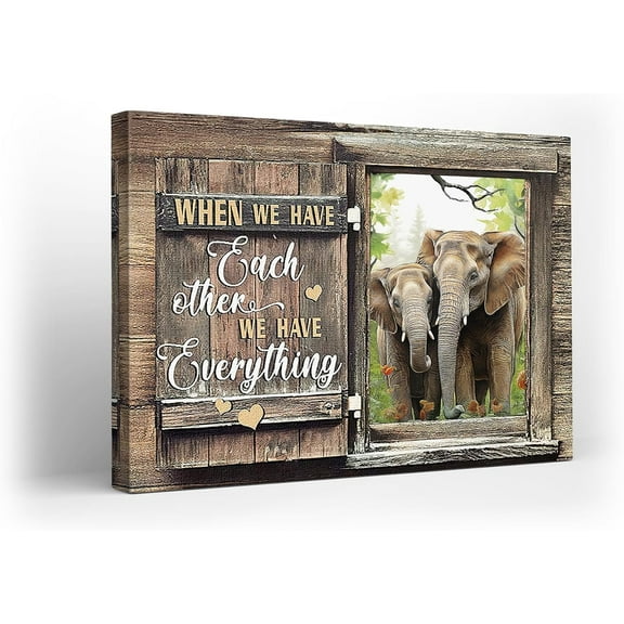 Wildlife Elephant Canvas Wall Art Elephant King and Queen Print Painting Elephant Love Story Picture Modern Artwork Decor For Living Room Kitchen Bathroom Framed Ready To Hang 12x16 Inch