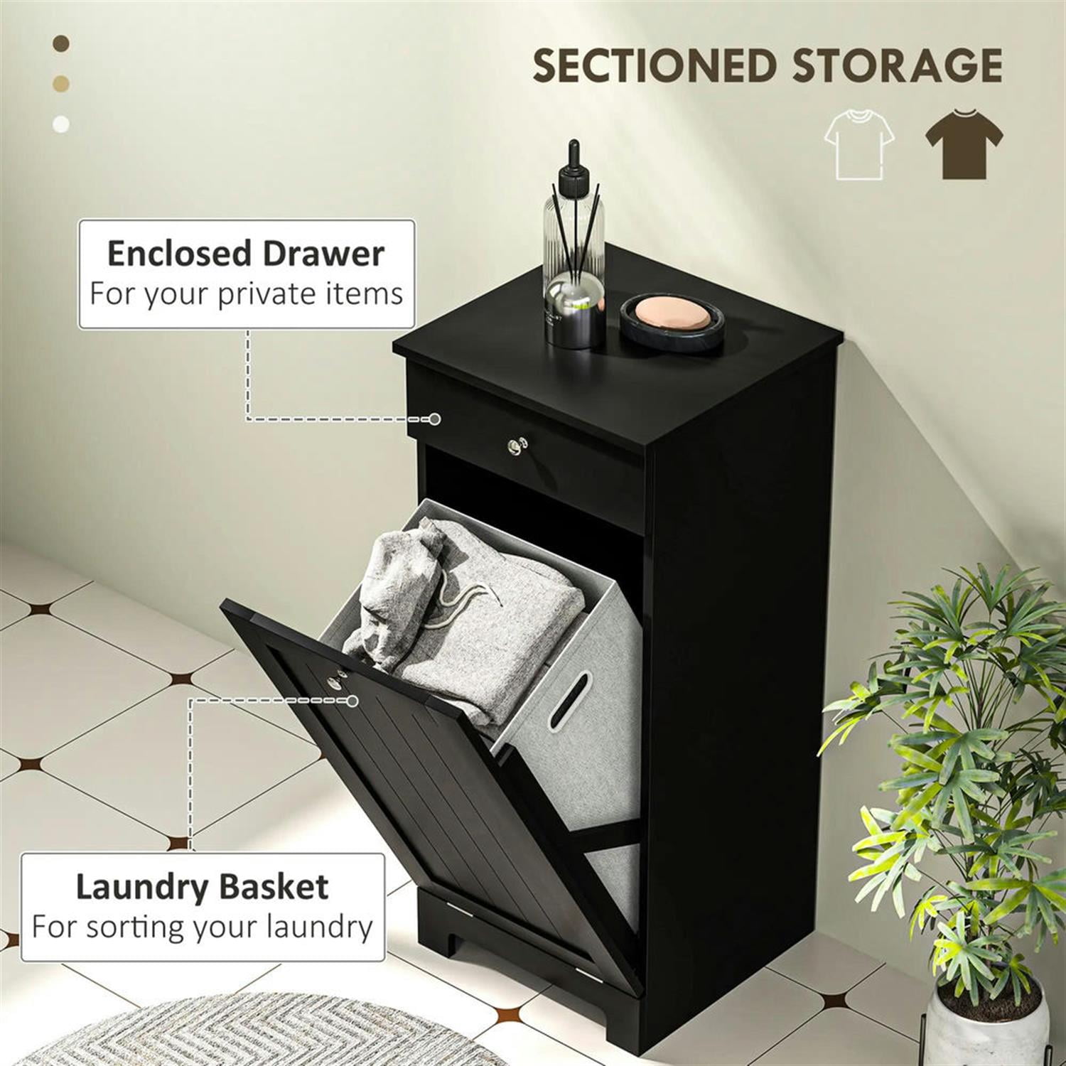 Demi Bonn 35" Bathroom Storage Cabinet with Tilt-Out Trash, Laundry Cabinet with Tilt Out Laundry Basket and Drawer for Kitchen, Living Room, Black
