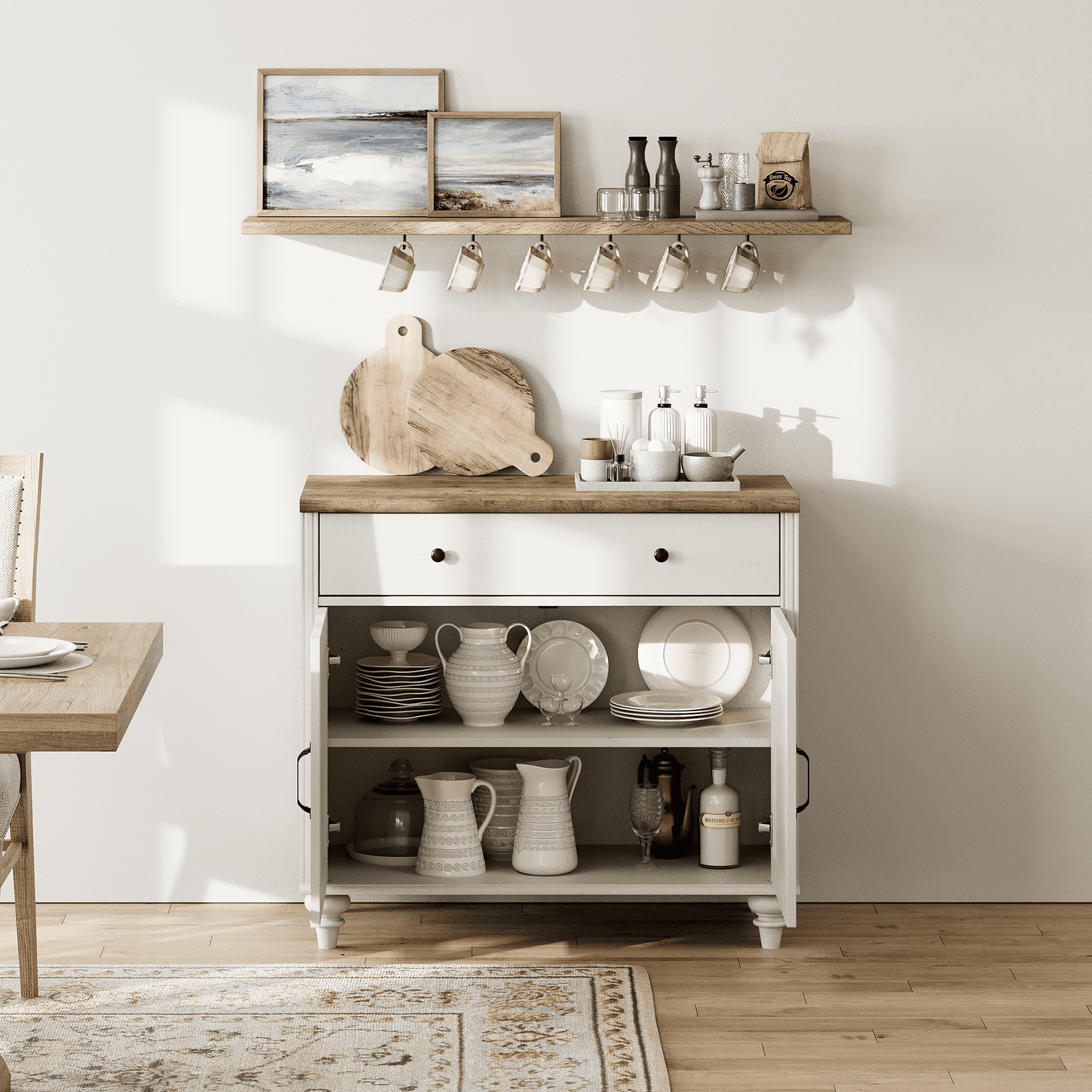 WAMPAT Farmhouse White TV Stand for 43 inch TV with 2 Doors and Wooden Drawer, Wood Universal TV Stands with Storage Cabinets, Entertainment Center TV Console Table for Living Room, Bedroom
