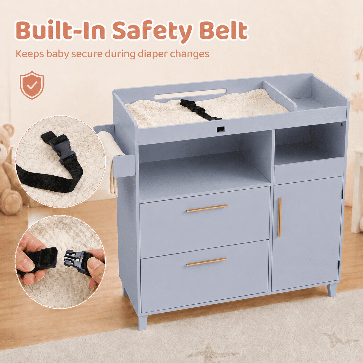 Zimtown 2-1 Baby Changing Table with Drawers & Shelf, Nursery Dresser with Storage, Infant Diaper Changing Station for Children's Room, Gray
